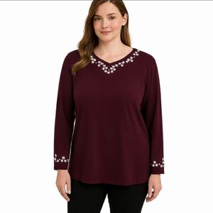 Bechamel Burgundy Embroidered Grannycore Floral Cottagecore Tee Sz L